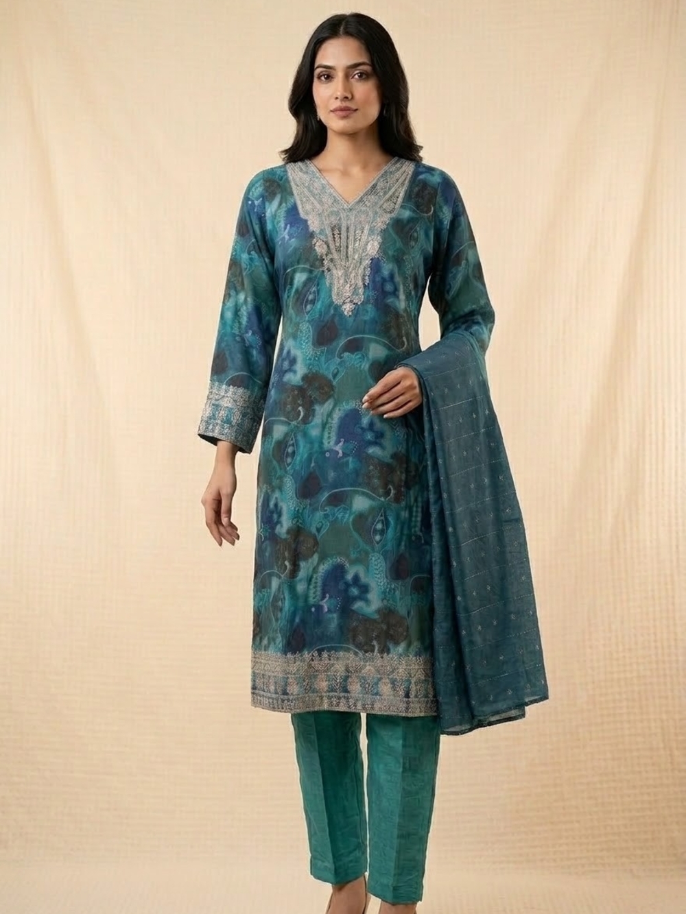 Teal Printed V-neck Kurta Set with Embroidered Trim